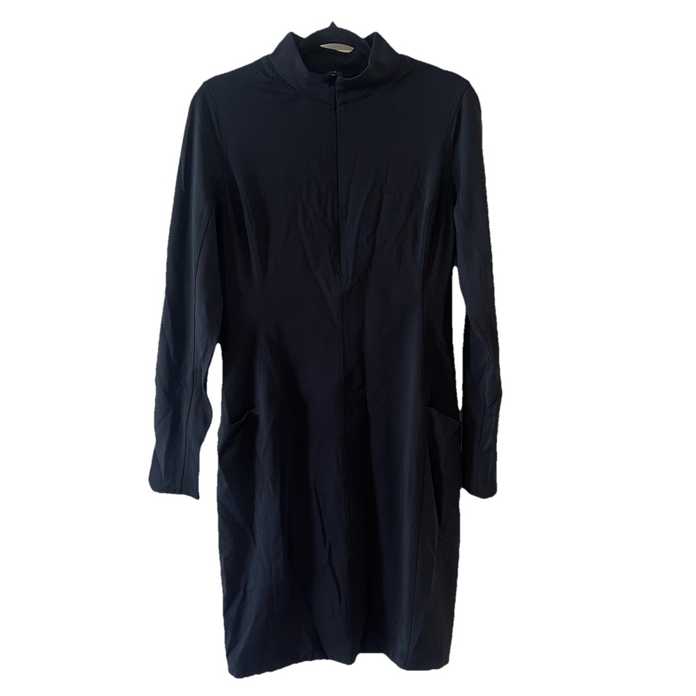 Athleta‎ Black Delancey Bodycon Dress Stretch Business Pockets Quarter Zip Large
